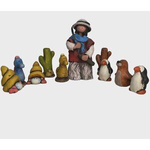 Vtg Dianto 10pc Woman Explorer Animals Clay Sculpture Handmade Ecuador Folk Art